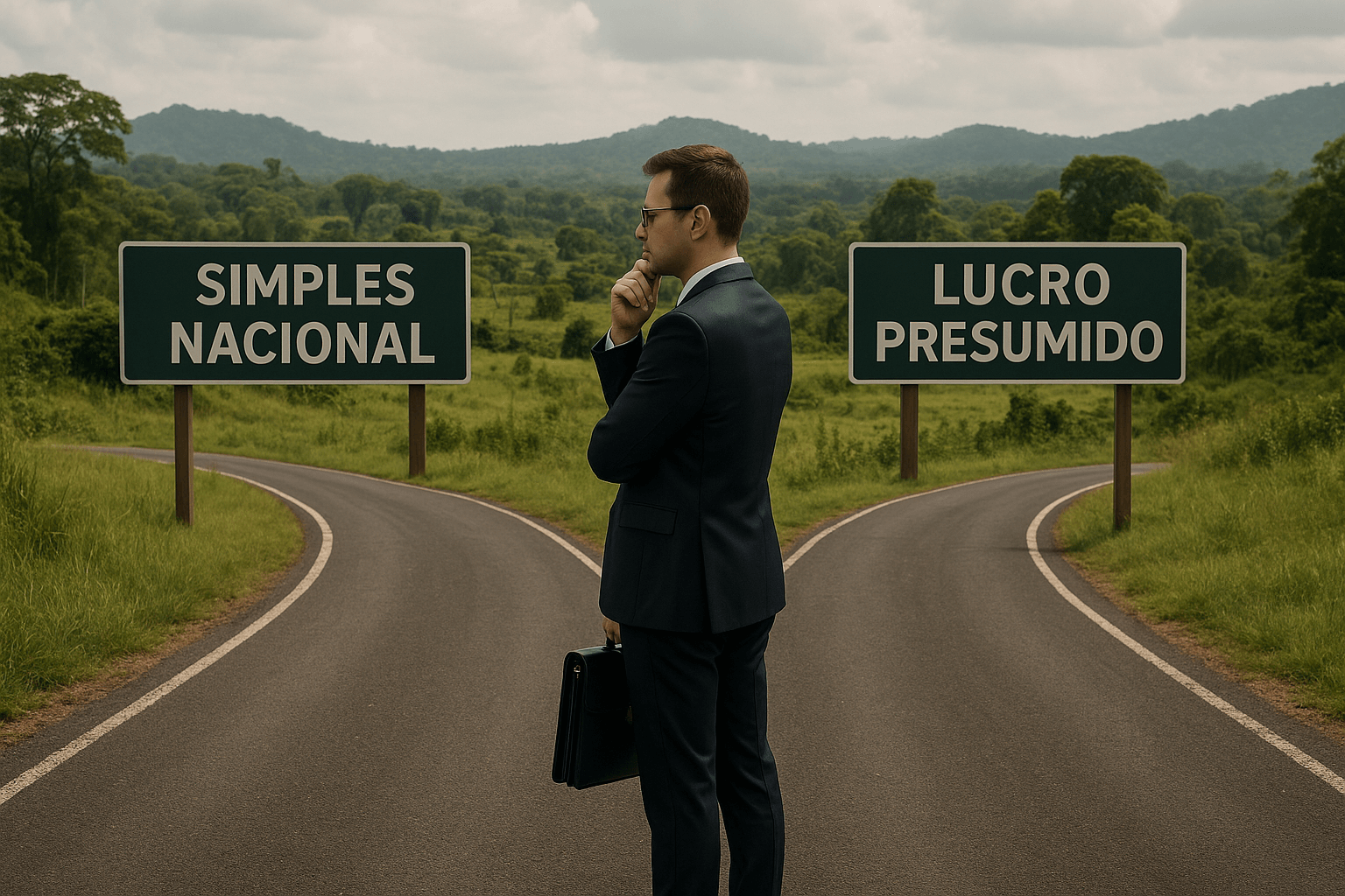 Empresário de Rondônia em uma bifurcação, escolhendo entre Simples Nacional e Lucro Presumido.