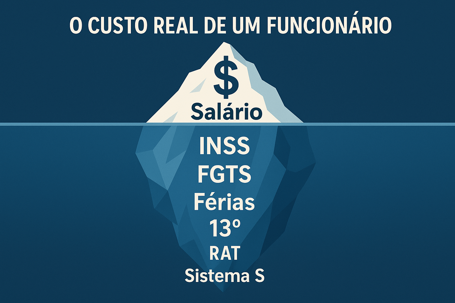 Infográfico de iceberg mostrando que o salário é apenas a ponta do custo de um funcionário, com os impostos na folha de pagamento ocultos.