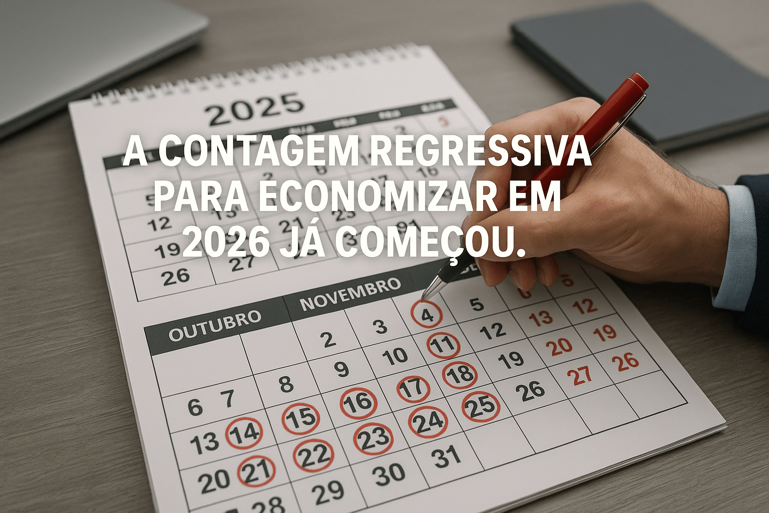 Foto profissional mostrando um calendário de 2025 aberto nos meses de Outubro, Novembro e Dezembro. Os dias estão sendo circulados em vermelho com uma caneta por uma mão de empresário. Sobre a imagem, o texto em português do Brasil: "A contagem regressiva para economizar em 2026 já começou." O fundo é uma mesa de escritório moderna.