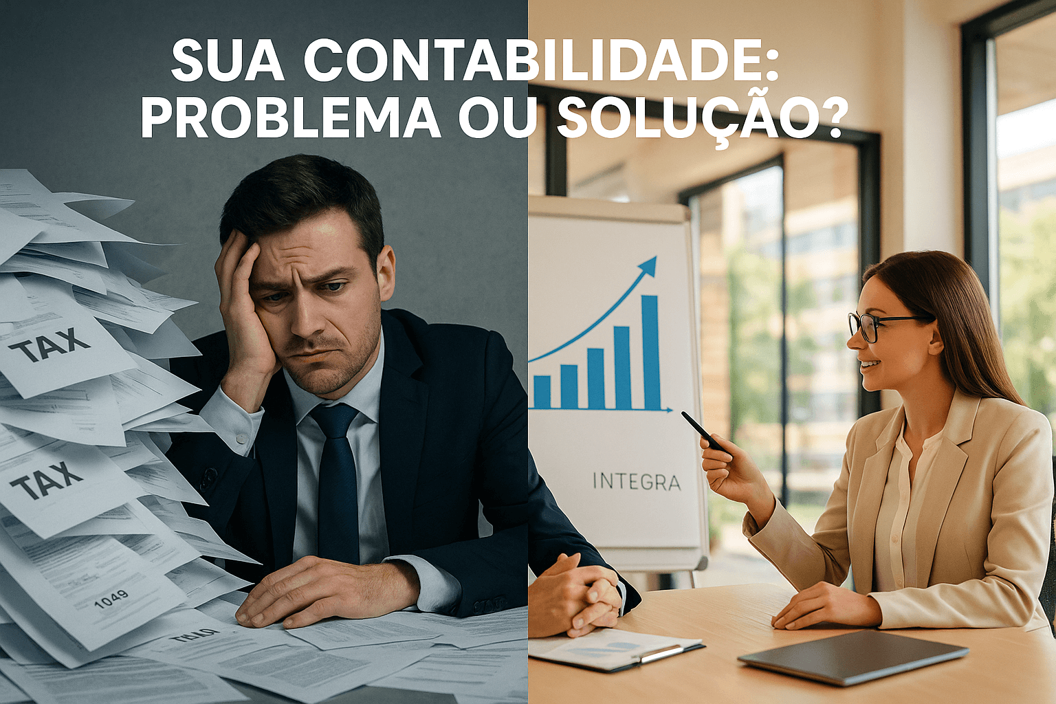 Empresário frustrado com contabilidade tradicional comparado a empresário confiante com contabilidade consultiva da Integra.
