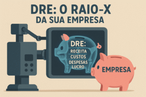 Ilustração da DRE (Demonstração do Resultado) como um raio-x que mostra a verdadeira saúde financeira da empresa.
