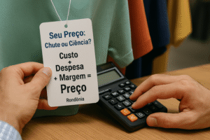 Empresário de Rondônia fazendo a precificação inteligente de seus produtos usando uma calculadora e um método.