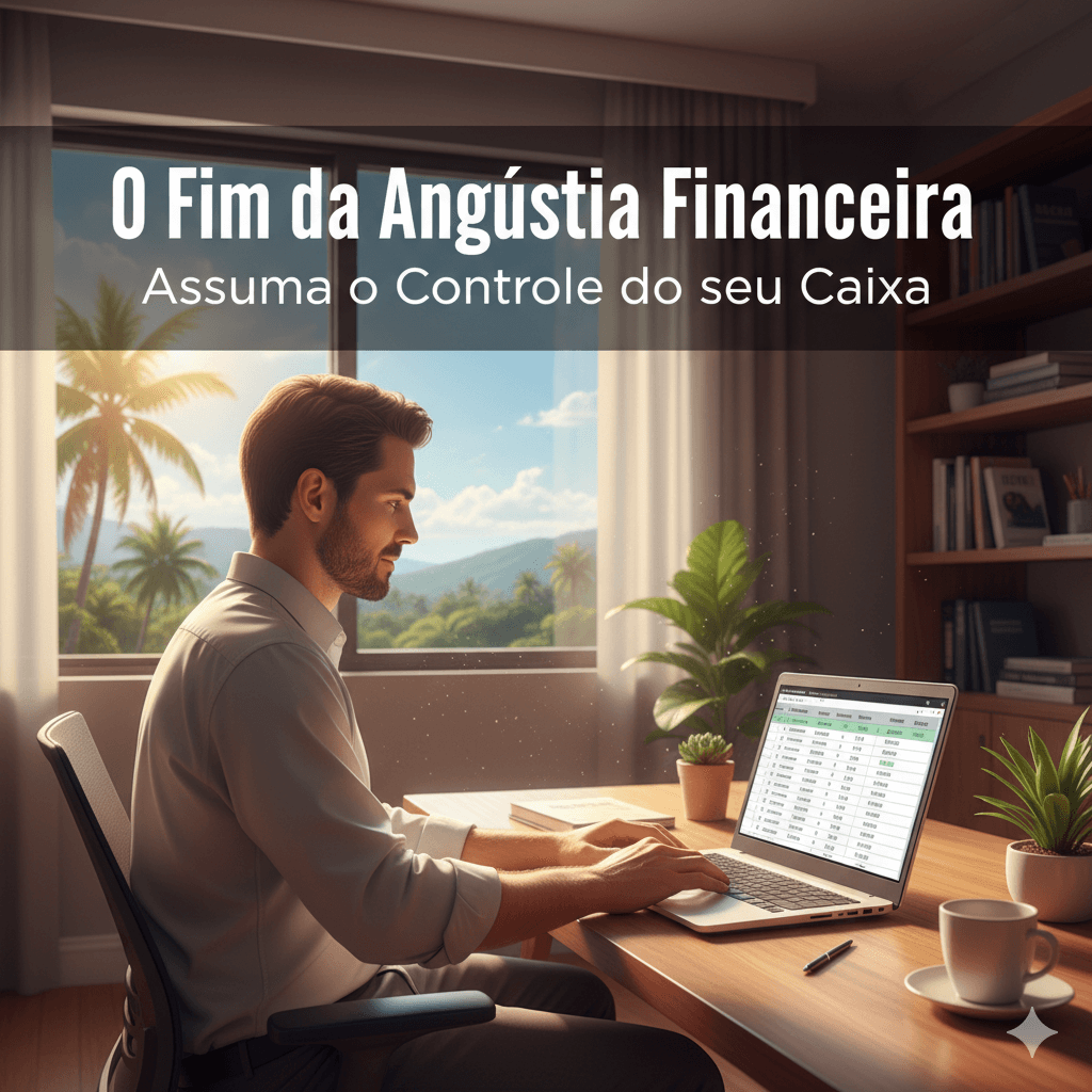 Empresário de Rondônia com o fluxo de caixa organizado, sentindo alívio e controle financeiro.