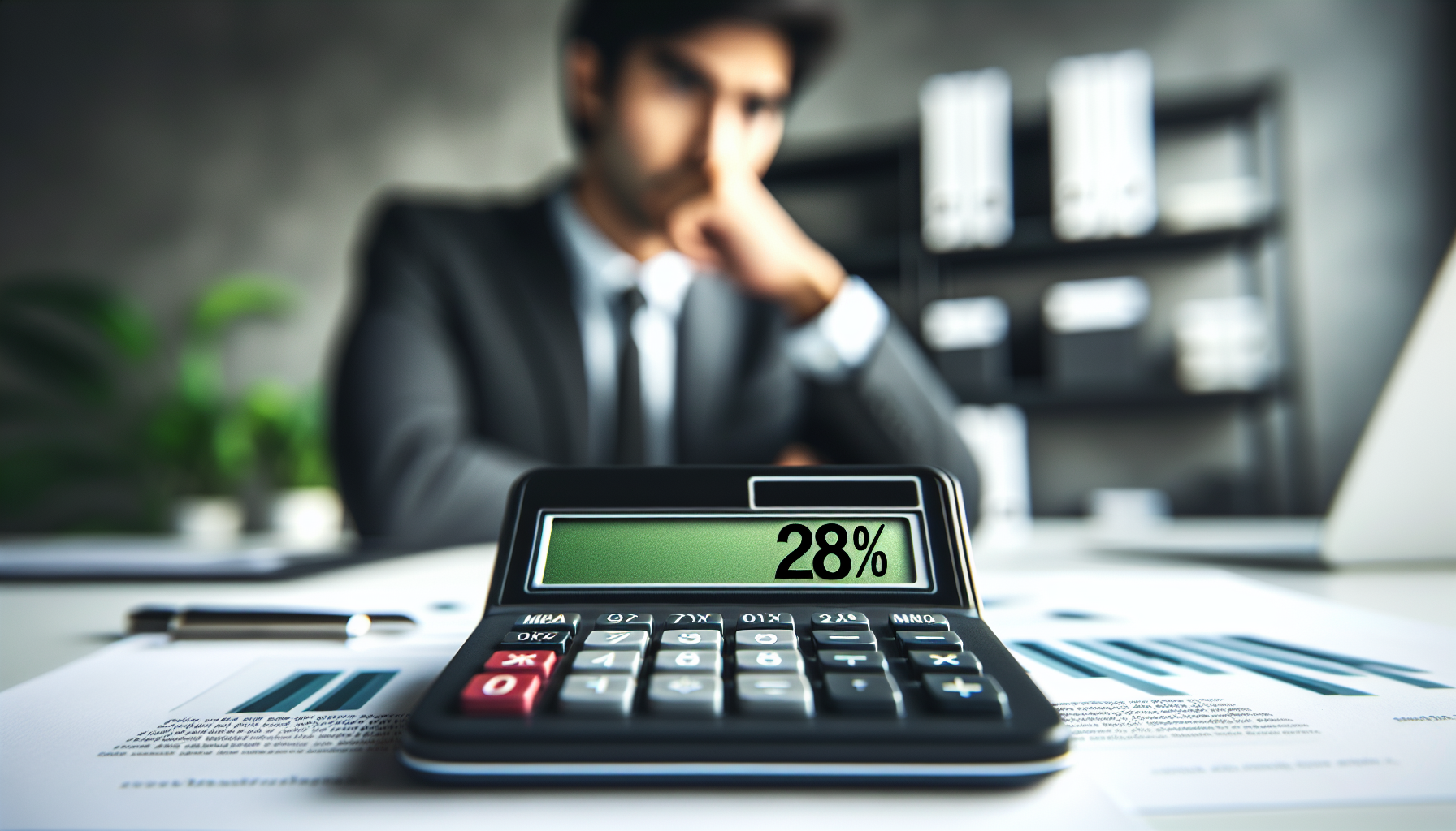 Calculadora mostrando o número 28%, simbolizando a importância do Fator R no Simples Nacional para pequenas empresas.