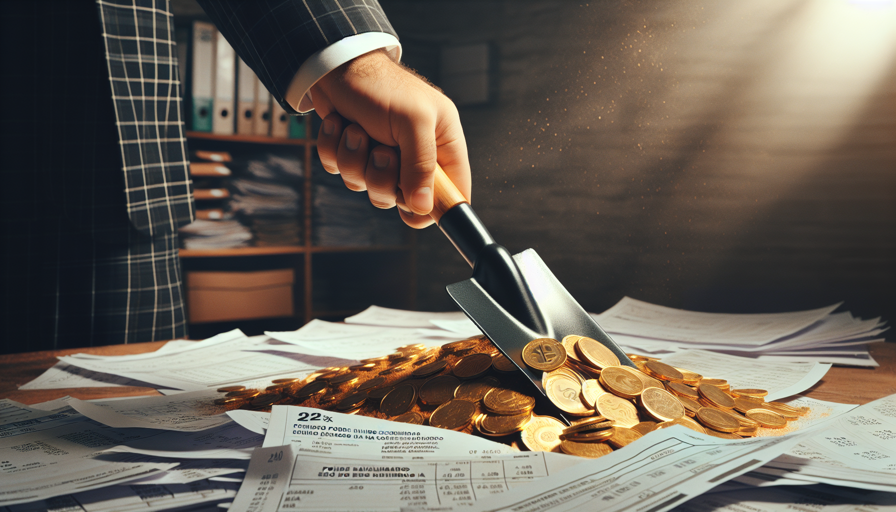 Mão de empresário descobrindo dinheiro (créditos tributários) em meio a papéis fiscais.