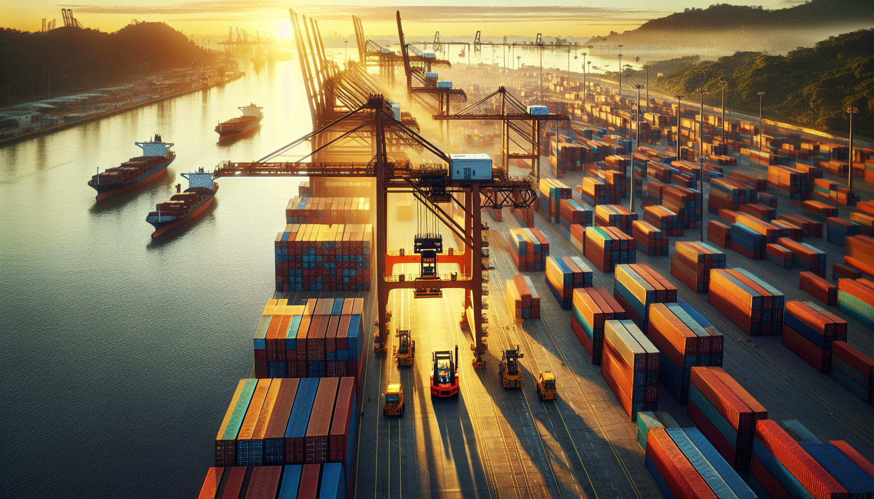 Contêineres sendo movimentados no porto de Porto Velho, simbolizando o Regime Especial de Importação de Rondônia.